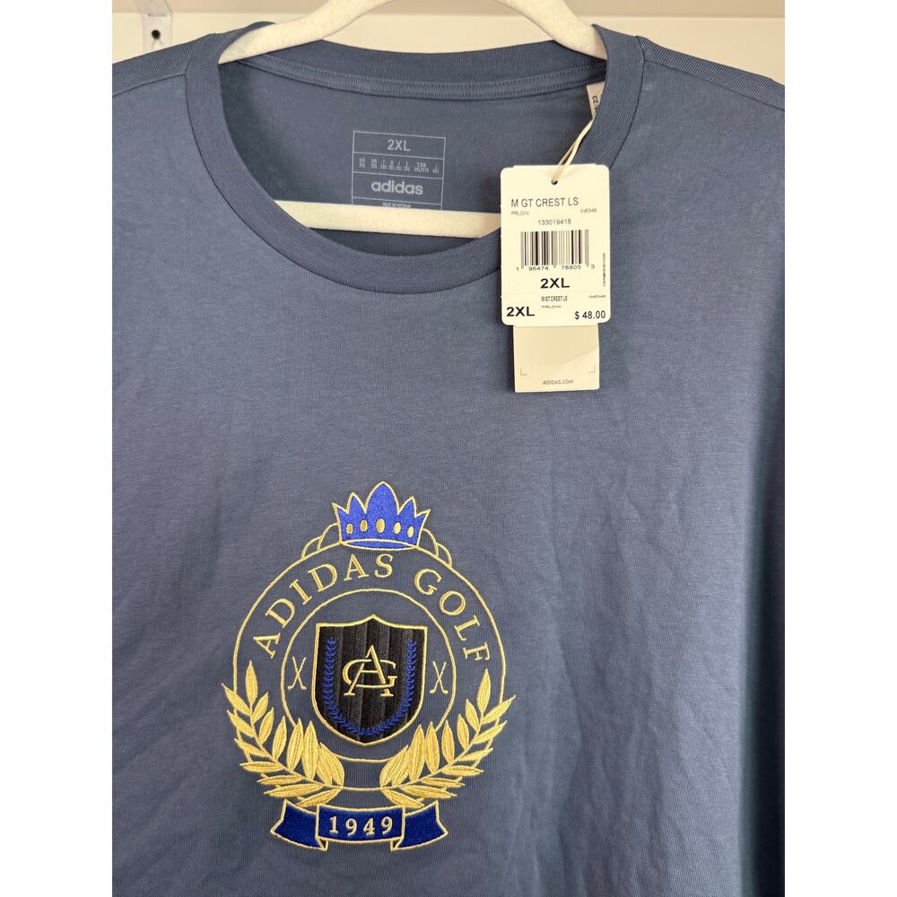 NWT Adidas Men’s Golf Crest Logo Long Sleeve Performance‎ Shirt Blue 2XL - Picture 9 of 14